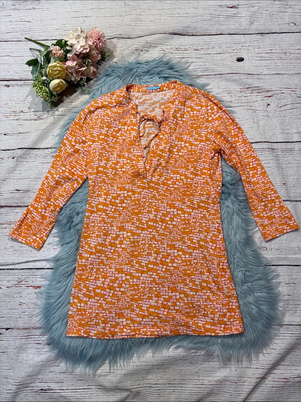 J. McLaughlin Orange Geometric Tie Front 3/4 Sleeve Tunic Top